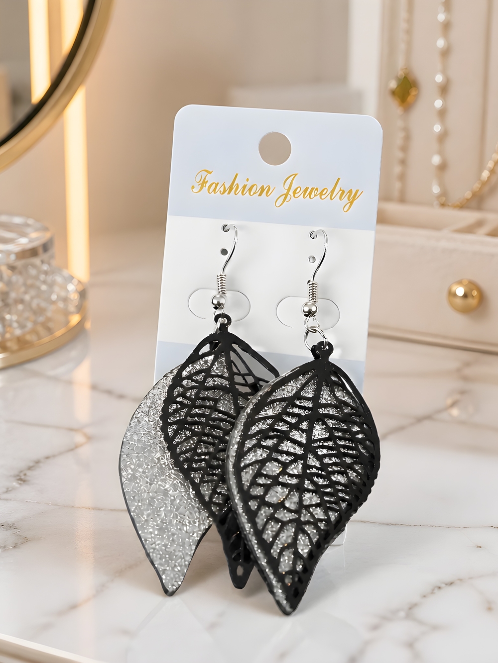Fashion Jewelry Black and Silver Leaf Filigree Dangle Earrings